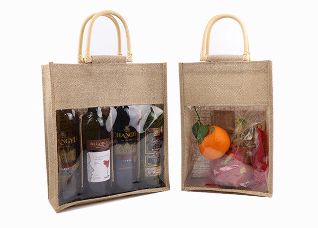 Wine Recycled Personalized Jute Tote Bags , Multifunctional Burlap Shopping Tote